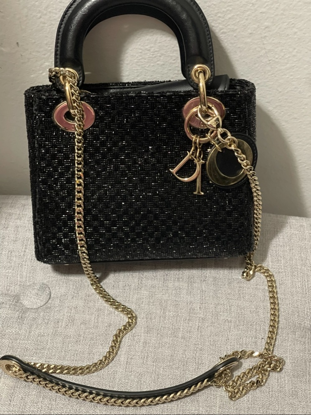 Dior Black Mini Top-Handle Bag with Gold Hardware and Pink Accents